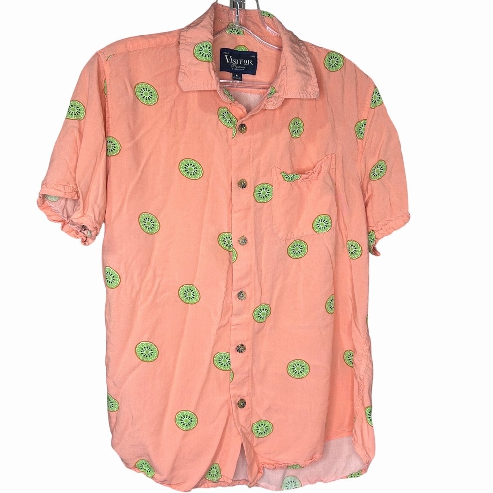 VISITOR Medium Mens Kiwi Fruit Print Short Sleeve Button Up Shirt bright‎ Orange